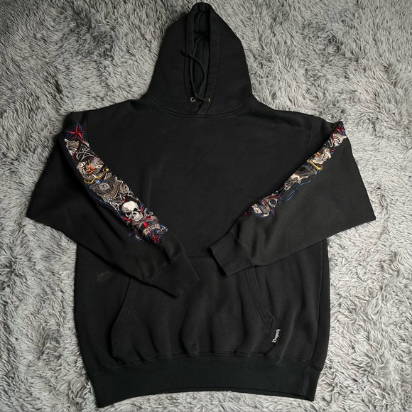 Dragonfly Hoodie Mens Large Black Pocket Skull Dice Embroidered - Picture 1 of 9